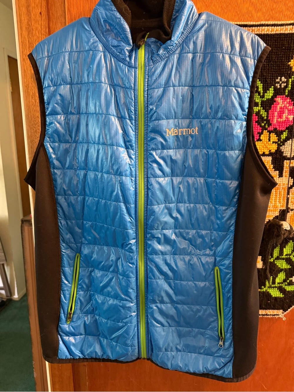 Marmot Bright Blue Quilted Vest with Black Sides and Lime Zippers Womens